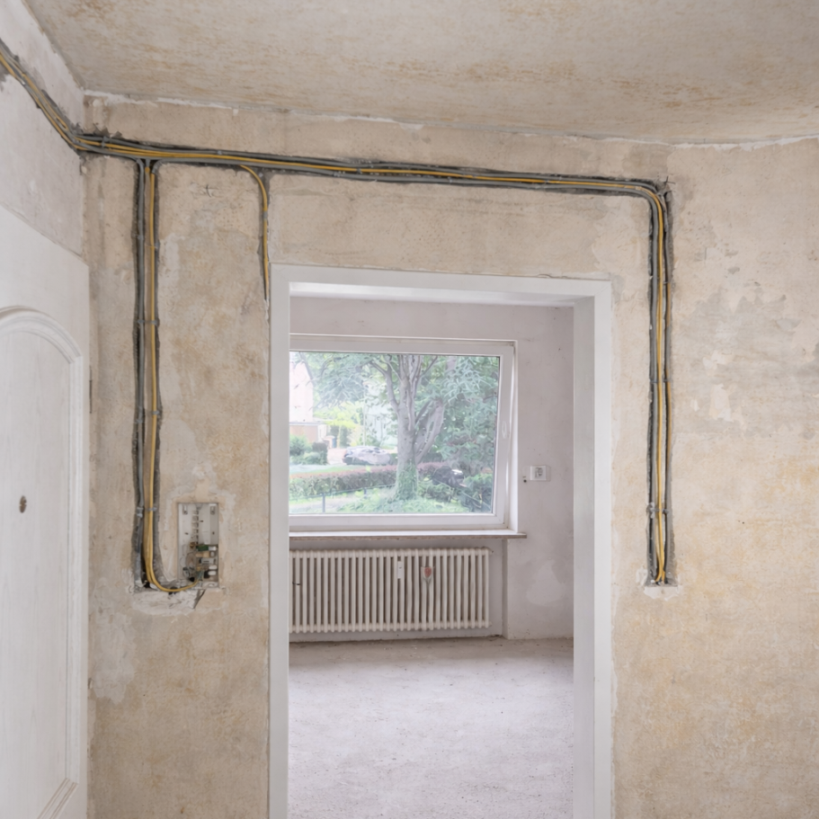 Elektrosanierung: freigelegte Wand mit neu verlegten Leerrohren im Bestandsgebäude, ausgeführt von rurtec